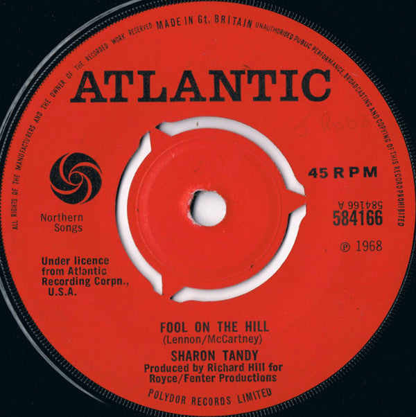 Image of Front Cover of 7" - /VG+ - SHARON TANDY, Fool on the Hill / For No One (Atlantic; 584166, UK 1968), Very Strong VG+, Writing And Sample Sticker on Label,  - 1726313E
