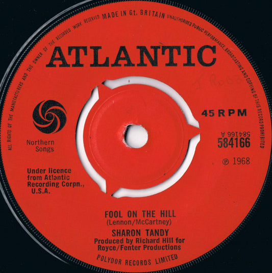 Image of Front Cover of 7" - /VG+ - SHARON TANDY, Fool on the Hill / For No One (Atlantic; 584166, UK 1968), Very Strong VG+, Writing And Sample Sticker on Label,  - 1726313E