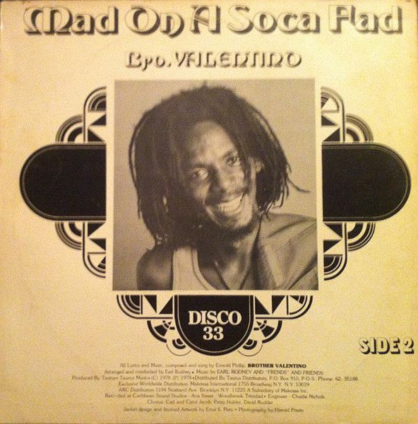 Image of Back Cover of 12" - VG/VG+ - BRO. VALENTINO, Stay Up Zimbabwe / Mad On A Soca Fad (Taurus Music; CGPI-005, Trinidad & Tobago 1978, Picture Sleeve), Shiny clean disc, SWOL. Ringwear on sleeve, SWOC, stains.,  - 4226261E