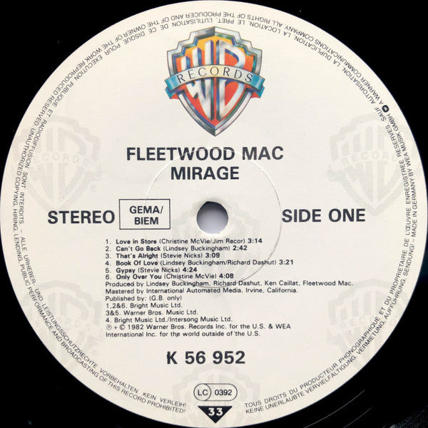 Image of Label Cover of LP - VG/G+ - FLEETWOOD MAC, Mirage (Warner Bros; K56952, Germany 1980s Reissue, Inner), Edge wear. Inner has a creased corner. Unfeelable marks on disc.,  - 3546167S