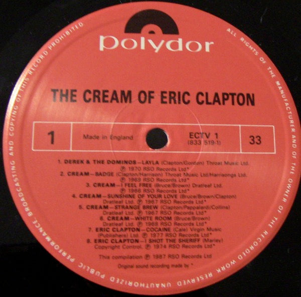 Image of Label Cover of LP - VG+/VG+ - ERIC CLAPTON, The Cream Of  (Polydor; ECTV 1, UK 1987, Gatefold, Black Inner, All Rights Text Written Clockwise), ,  - 2126030E