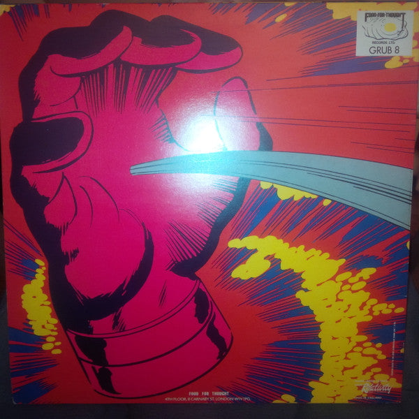 Image of Back Cover of LP - VG/G+ - JOE SATRIANI, Surfing With The Alien (Food For Thought Records; GRUB 8, UK 1987, Embossed Sleeve, Inner, Silver Surfer is silver!), Slightly dished. ,  - 3126009E