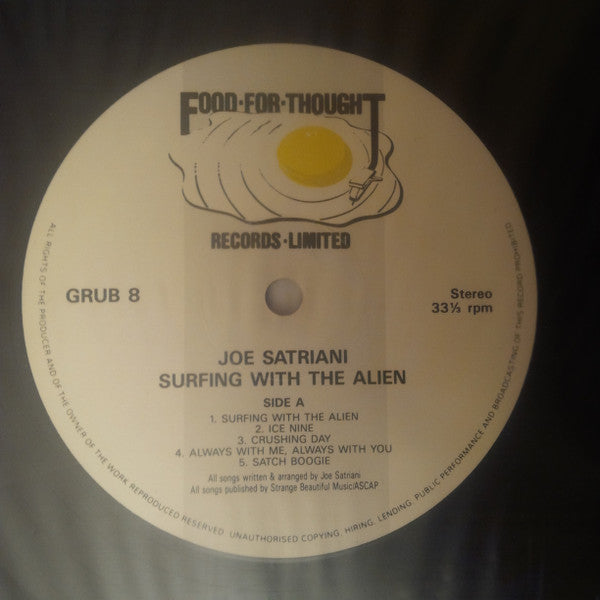 Image of Label Cover of LP - VG/G+ - JOE SATRIANI, Surfing With The Alien (Food For Thought Records; GRUB 8, UK 1987, Embossed Sleeve, Inner, Silver Surfer is silver!), Slightly dished. ,  - 3126009E