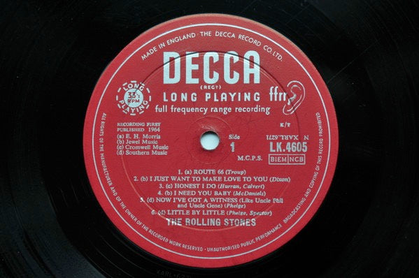 Image of Label Cover of LP - G+/VG - THE ROLLING STONES, The Rolling Stones (Decca Red Unboxed, Variant V "Made In England - The Decca Record Co Ltd" On Top & NCB/BIEM on right hand side of Label A; LK 4605, UK 1964, Laminated Flipback Sleeve - Cover B1, Mono, 'I Need You Baby' Tracklisting), Hairlines and surface marks. Heavy creasing, staining and discolouration on back of sleeve, WOS, edge wear, 2cm tear to opening edge. ,  - 3146311S