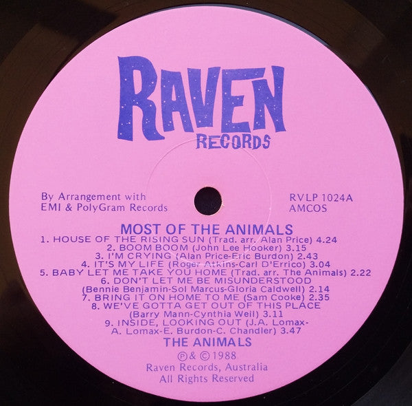Image of Label Cover of LP - VG/VG - THE ANIMALS, The Most Of The Animals (Raven Records; RVLP 1024, Australia 1988 Reissue), ,  - 2216071C