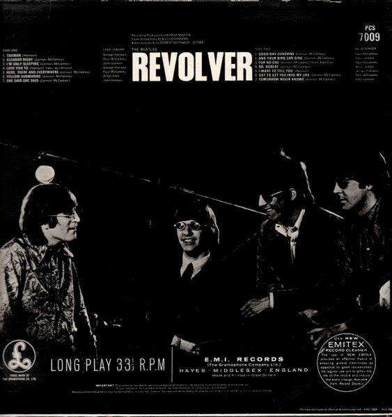 Image of Back Cover of LP - VG/VG - THE BEATLES, Revolver (Parlophone Silver/Black - 2 EMI Boxes; PCS 7009, UK 1977 Reissue, Laminated Front Sleeve), A few light hairlines. Ringwear. ,  - 3626023E