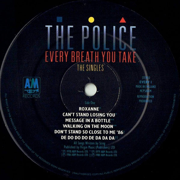 Image of Label Cover of 2714028C: LP - THE POLICE, Every Breath You Take (The Singles) (A&M; EVERY 1, UK 1986, Inner, Lyntone Repress - L18128/9 In Run Out) Light mark to side one, Minor ring wear  VG/VG