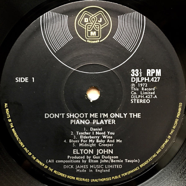 Image of Label Cover of LP - VG/VG - ELTON JOHN, Don't Shoot Me I'm Only The Piano Player (DJM Records; DJLPH 427, UK 1973, Gatefold, Stapled-In Booklet, Outside laminated, textured paper booklet), Hairlines on record.  Booklet working loose on one stable, ring wear and laminate creasing. ,  - 2226387E