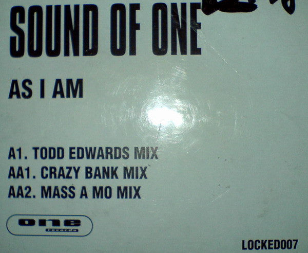 Image of Back Cover of 12" - G+/G+ - SOUND OF ONE, As I Am (Locked On; LOCKED007, UK 1998, Stickered Company Sleeve), Marks on either side of the record. Sleeve has some edge wear.,  - 3946264S