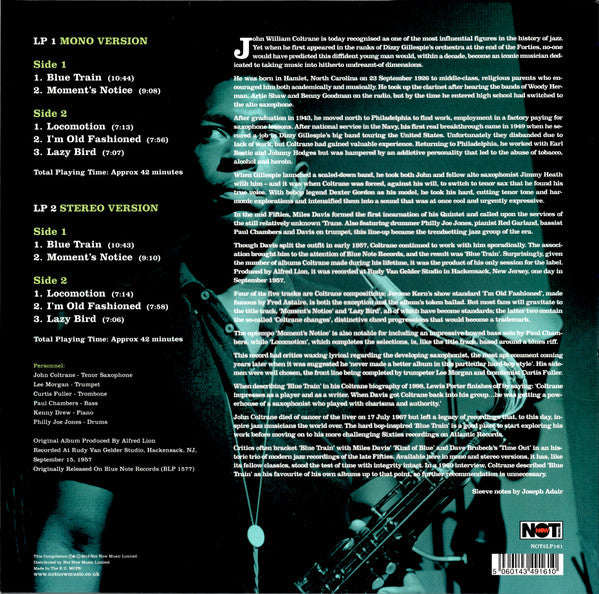Image of Back Cover of 2xLP - VG+/VG+ - JOHN COLTRANE, Blue Train (Not Now Music; NOT2LP161, UK 2012 Reissue, Gatefold, 180 Gram Vinyl, Special Edition Mono/Stereo), Strong VG+,  - 4426042E