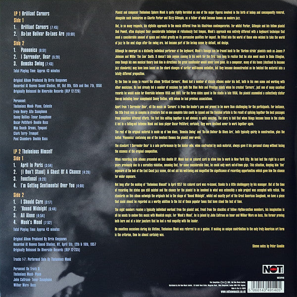 Image of Back Cover of 2xLP - VG+/VG - THELONIOUS MONK, Brilliant Corners / Thelonious Himself (Not Now Music; NOT2LP140, Europe 2011, Gatefold), ,  - 3426039E