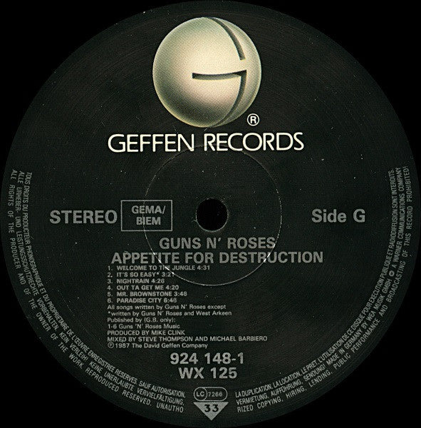 Image of Label Cover of LP - VG/G+ - GUNS N' ROSES, Appetite For Destruction (Geffen Records; 924 148-1, Europe 1987, Withdrawn Sleeve, Inner, NOT Stickered, Stereo, Uncensored Cover, 1st Pressing), On The Cusp Of Being A VG,  - 3446198S