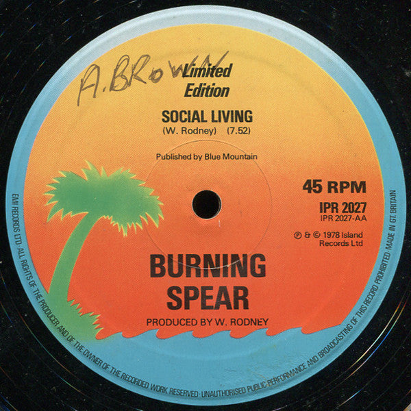 Image of Back Cover of 12" - VG/VG - BURNING SPEAR, Civilised Reggae / Social Living (Island Records; IPR 2027, UK 1978, Company Sleeve), Light marks. Split inner Sleeve,  - 3726081E