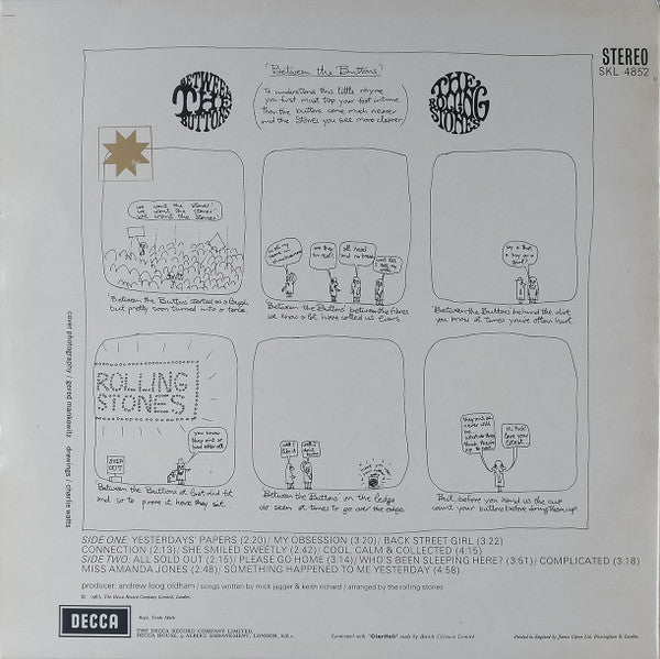 Image of Back Cover of 3915073C: LP - THE ROLLING STONES, Between The Buttons (Decca Blue Boxed; SKL4852, UK 1970s Reissue, Matt Non-Laminated, Stereo)   VG/VG+
