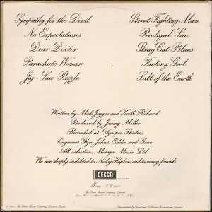 Image of Back Cover of LP - VG/VG - THE ROLLING STONES, Beggars Banquet (Decca Red Unboxed; LK4955, UK 1968, Laminated Gatefold Sleeve, Mono. Inverted Matrix In Brackets, Side Indicators To Right Of Label.), In company inner. Hairlines, one light scratch on side 1. Discolouration, laminate creasing, spine damage, corner wear.,  - 2946230S
