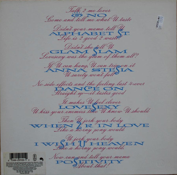 Image of Back Cover of 4614278C: LP - PRINCE, Lovesexy (Paisley Park; 925 720, Europe 1988, Stickered Picture Sleeve, Inner, Embossed [Warner Music "W" logo] on the lower right corner.) Sleeve stained with small rips  VG/G