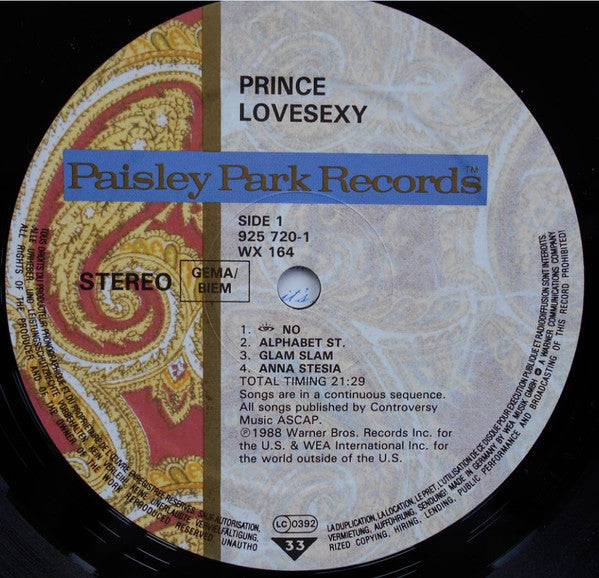 Image of Label Cover of 4614278C: LP - PRINCE, Lovesexy (Paisley Park; 925 720, Europe 1988, Stickered Picture Sleeve, Inner, Embossed [Warner Music "W" logo] on the lower right corner.) Sleeve stained with small rips  VG/G