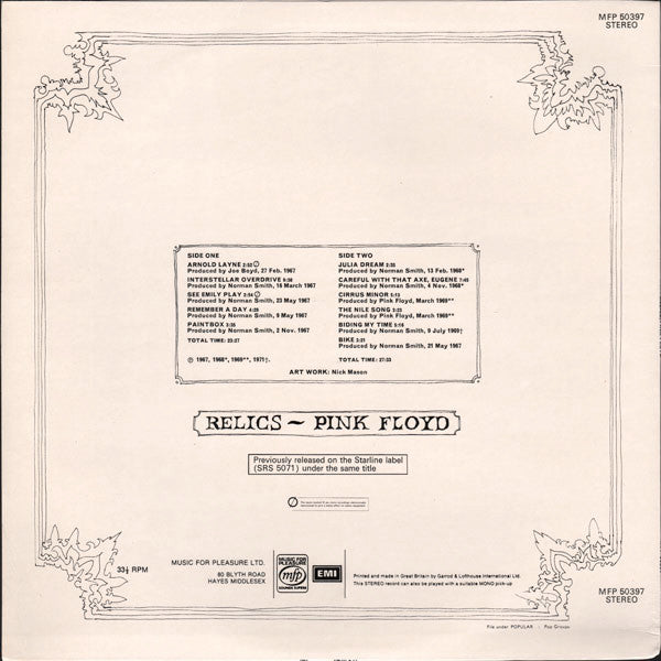 Image of Back Cover of LP - VG/VG - PINK FLOYD, Relics (MFP; MFP 50397, UK 1978 Reissue, Laminated Front Sleeve, No Barcode), ,  - 3726435E