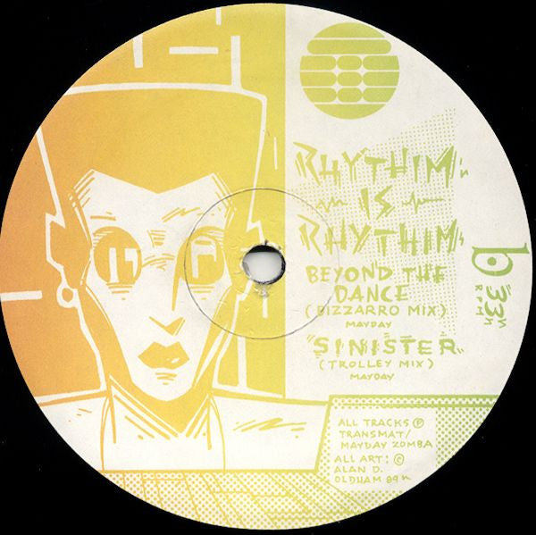 Image of Back Cover of 12" - /G+ - RHYTHIM IS RHYTHIM, Beyond The Dance (Transmat; MS. 11, US 1989, Plain Sleeve), Lots of light hairlines, plays with light surface noise at run ins and quiet sections. Pencil marks on label., Seminal Derrick May produced intelligent techno from '89. Beautiful melancholic string arrangements over skittering 909s. Influential stuff!A Beyond The Dance (Cult Mix)B1 Beyond The Dance (Bizzarro Mix)B2 Sinister (Trolley Mix) - 4416029C