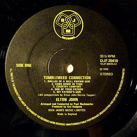Image of Label Cover of LP - VG/VG - ELTON JOHN, Tumbleweed Connection (DJM Black and Yellow; DJF 20410, UK 1976 Reissue, Gatefold Textured Sleeve, Stapled In Booklet), ,  - 1826158E
