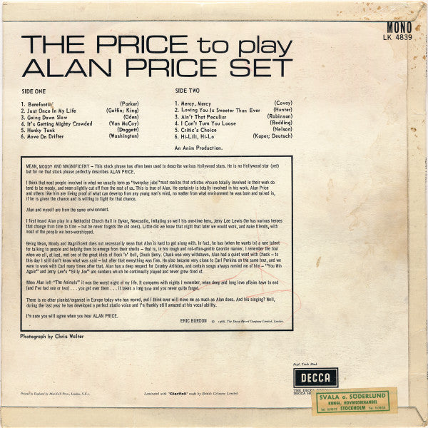 Image of Back Cover of LP - VG/VG - ALAN PRICE SET, The Price to Pay (Decca Red Unboxed; LK4839, UK 1966, Laminated Sleeve, Mono), ,  - 4226192E