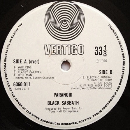 Image of Label Cover of 3914398C: LP - BLACK SABBATH, Paranoid (Vertigo Spiral - VERTIGO Text Above Spindle Hole. P1970 below 33 1/3; 6360011, UK 1971 Reissue, Laminated Gatefold Sleeve, Inner, WITHOUT the credits mentioning ''Management / Jim Simpson, Big Bear, Birmingham'' )   VG/G