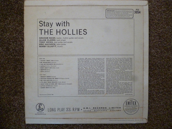 Image of Back Cover of 3524174E: LP - THE HOLLIES, Stay With (Parlophone Black/Yellow; PCS3054, UK 1964, Laminated Flipback Sleeve, Stereo)   VG/G