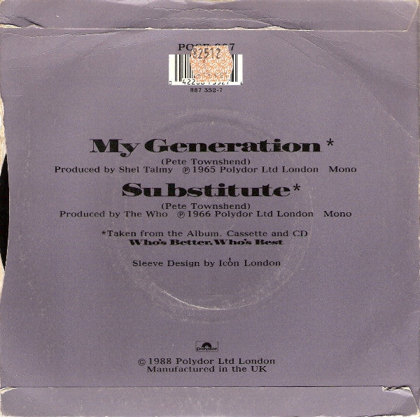 Image of Back Cover of 4814390C: 7" - THE WHO, This Is My Generation (Polydor; POSP 907, UK 1988, Mono)   VG+/EX