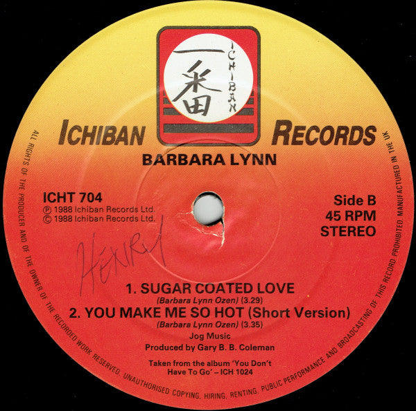 Image of Back Cover of 12" - VG/VG - BARBARA LYNN, You Make Me So Hot / Sugar Coated Love (Ichiban; ICH 704, UK 1988, Company Sleeve), ,  - 3126295E