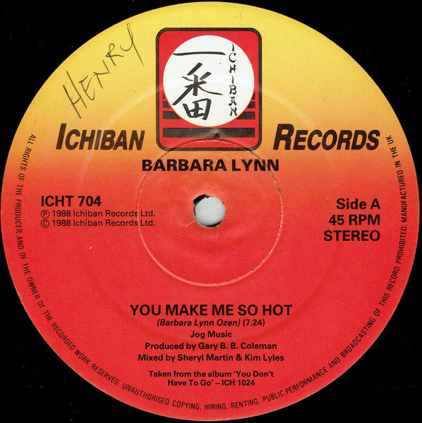 Image of Label Cover of 12" - VG/VG - BARBARA LYNN, You Make Me So Hot / Sugar Coated Love (Ichiban; ICH 704, UK 1988, Company Sleeve), ,  - 3126295E