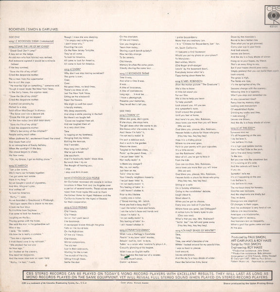 Image of Back Cover of LP - VG/G+ - SIMON AND GARFUNKEL, Bookends (CBS Orange (33 1/3 On Label); 63101, UK 1960s Reissue, Laminated Front Sleeve, Upton Sleeve), In replacement inner.  Aprrox 2"split along spine,  - 3626508E