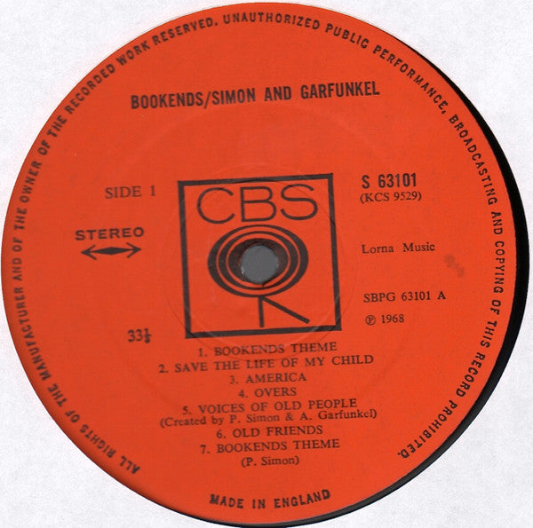 Image of Label Cover of LP - VG/G+ - SIMON AND GARFUNKEL, Bookends (CBS Orange (33 1/3 On Label); 63101, UK 1960s Reissue, Laminated Front Sleeve, Upton Sleeve), In replacement inner.  Aprrox 2"split along spine,  - 3626508E