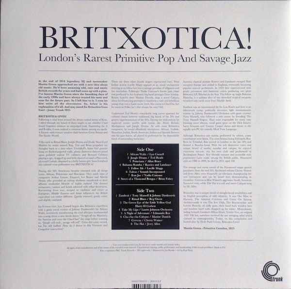 Image of Back Cover of LP - VG+/VG+ - VARIOUS ARTISTS, Britxotica!: London's Rarest Primitive Pop And Savage Jazz (Trunk; JBH057 , UK 2015), Still in shrink. A couple light hairlines on disc.,  - 2446037S