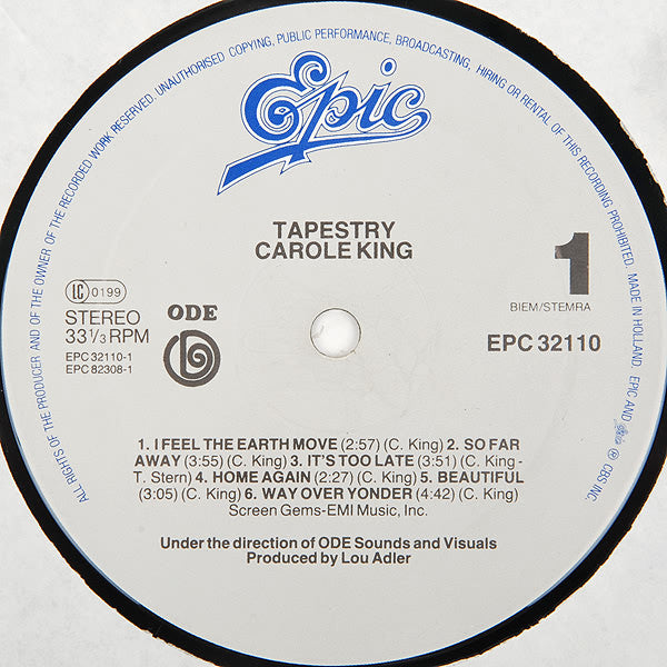 Image of Label Cover of LP - VG+/VG+ - CAROLE KING, Tapestry (Epic Grey Label; EPC 32110, Netherlands 1980s Reissue), ,  - 4026044E