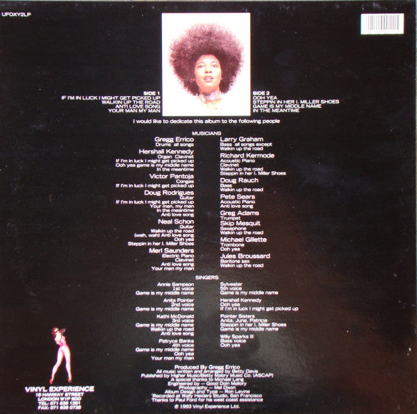 Image of Back Cover of LP - G+/VG - BETTY DAVIS, Betty Davis (Vinyl Experience; UFOXY21LP, UK 1993 Reissue), Edge and ring wear, small sticker damage on rear.,  - 3746216S