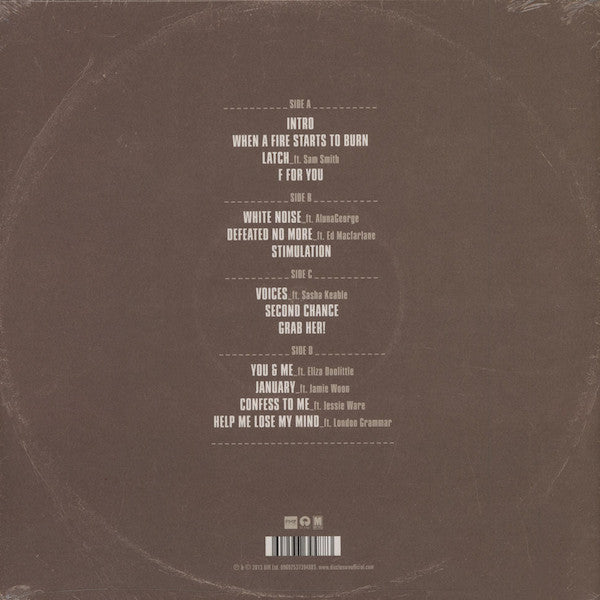 Image of Back Cover of 2xLP - VG/G+ - DISCLOSURE, Settle (Island; 00602537394883, UK 2013, Gatefold, 2 Inners), large but light scuffs on both discs. opened shrink w/ hype sticker - printed inners,  - 3746035S