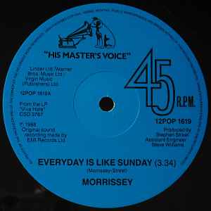 Image of Label Cover of 12" - VG+/VG+ - MORRISSEY, Everyday Is Like Sunday (His Master's Voice; 12POP 1619, UK 1988, Black Inner), A couple of light hairlines only.,  - 2526034E