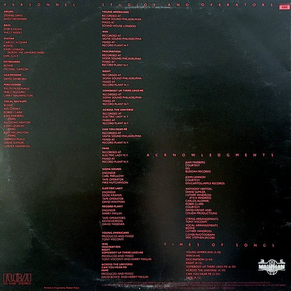 Image of Back Cover of LP - G+/VG - DAVID BOWIE, Young Americans (RCA Victor Orange STEREO; RS 1006, UK 1975, Mainman Logo On Rear Sleeve, PN mastered), Hairlines & light scratches, edge & ring wear,  - 2846262S
