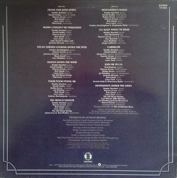 Image of Back Cover of LP - VG/VG - WARREN ZEVON, Warren Zevon (Asylum Records; K 53039, UK 1976, Insert, No W-KD In Runots), ,  - 1626238E