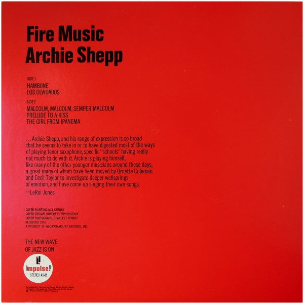 Image of Back Cover of 4514041C: LP - ARCHIE SHEPP, Fire Music (Impulse / MCA; AS-86, Germany Reissue, Gatefold, Company Inner) Disc is very clean. Small area of sticker residue to sleeve.  VG/VG+