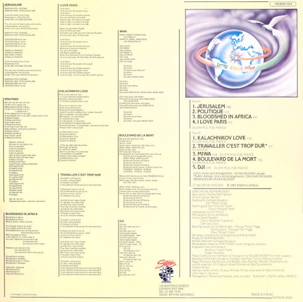 Image of Back Cover of LP - VG+/VG - ALPHA BLONDY AND THE WAILERS, J rusalem (Stern's Africa; STERNS 1019, UK 1987), Light marks only,  - 3616460C