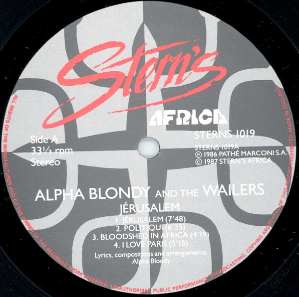 Image of Label Cover of LP - VG+/VG - ALPHA BLONDY AND THE WAILERS, J rusalem (Stern's Africa; STERNS 1019, UK 1987), Light marks only,  - 3616460C