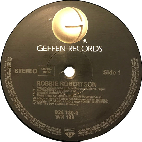 Image of Label Cover of 5114278C: LP - ROBBIE ROBERTSON, Robbie Robertson (Geffen Records; 924 160-1, Europe 1987, Inner)   VG+/VG+