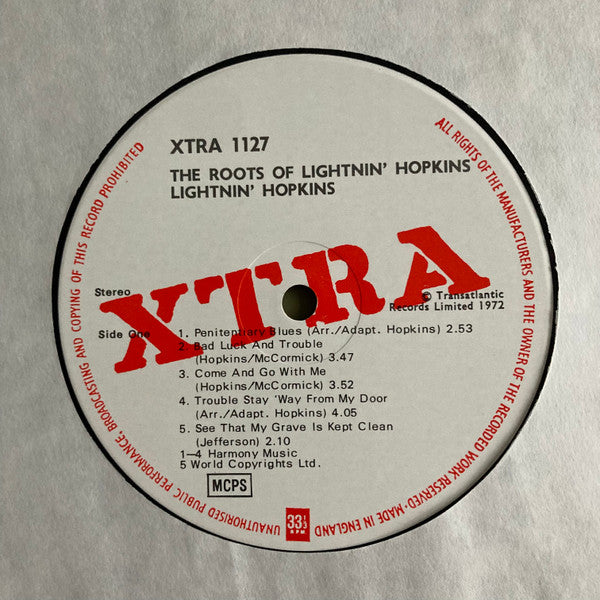 Image of Label Cover of LP - VG/EX - LIGHTNIN' HOPKINS, The Roots Of Lightnin' Hopkins (XTRA; XTRA 1127, UK 1972 Reissue, Laminated Sleeve), Writing On Rear Sleeve,  - 2926134E