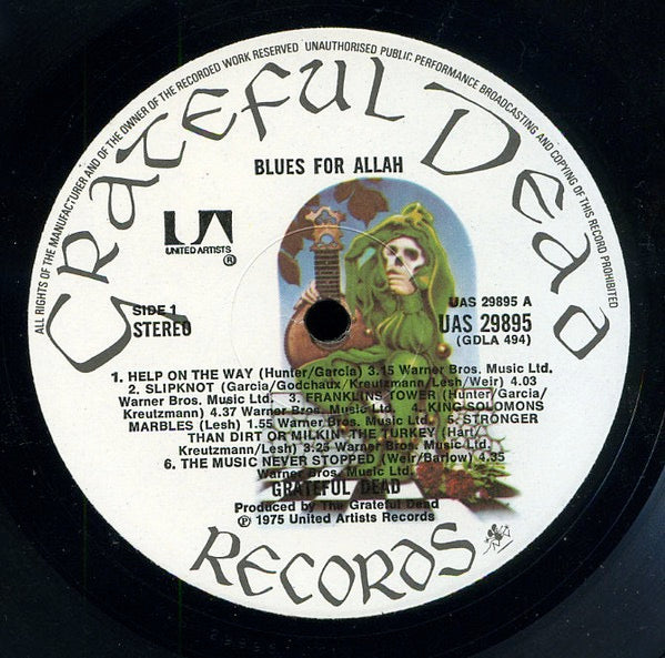 Image of Label Cover of LP - VG/G+ - THE GRATEFUL DEAD, Blues For Allah (UA; UAS29895, UK 1975, Fully Laminated Sleeve, Insert), Light scratches & hairlines, writing on label, edge wear, laminate creasing, tear on Insert,  - 3746015S