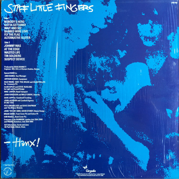 Image of Back Cover of 3324089E: LP - STIFF LITTLE FINGERS, Hanx! (Chrysalis; CHR 1300, UK 1980, No Barcode)   VG+/VG+