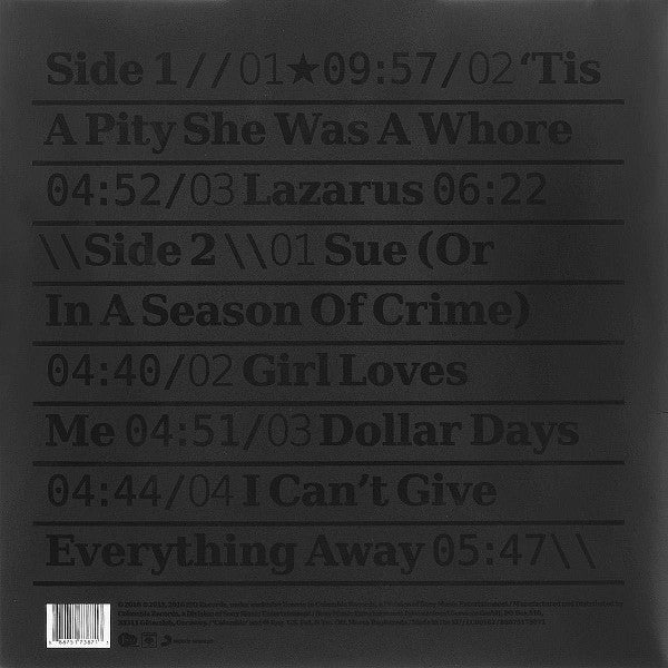 Image of Back Cover of LP - VG/VG+ - DAVID BOWIE, Blackstar   (Sony; 88875173871, UK 2016 Reissue, Die Cut Gatefold Sleeve, Booklet & Clear Plastic Inner, Second European Repress. MPO. 180g), Die cut sleeve has a crease & small rip on edge of star. ,  - 4016557C