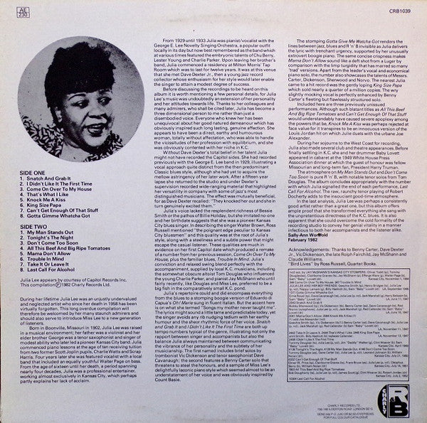 Image of Back Cover of LP - VG/VG - JULIE LEE, Tonight's The Night (Charly R&B; CRB 1039, UK 1982), Sleeve has age discolouration, creases, and a sticker ghost on reverse,  - 2416470C