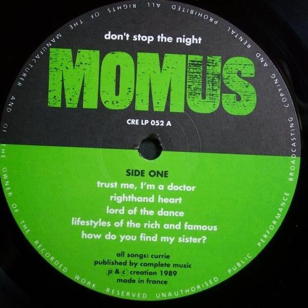 Image of Label Cover of LP - VG/G+ - MOMUS, Don't Stop The Night (Creation Records; CRE LP 052, UK 1989, Inner), Light marks and hairlines,  - 3316068C