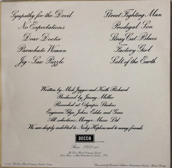 Image of Back Cover of LP - VG/VG - THE ROLLING STONES, Beggars Banquet (Decca Blue Unboxed; SKL4955, UK 1968, Laminated G&L Patents Pending Gatefold Sleeve, Stereo, JT Tax Code), Superficial hairline marks, plays well, Good gloss to disc, Sleeve nicely intact with just a few pinches at spine and the odd bit of yellowing. Good playing copy.,  - 4016101C